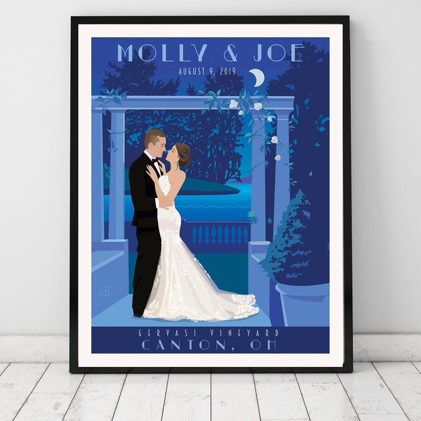 Moonlit Estate or Lake Wedding, Wedding Poster Personalized caricatured bride and groom, guest book alternative, Anniversary Gift