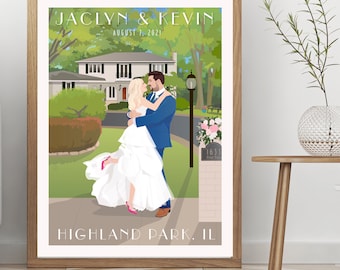 FULL CUSTOM ART Wedding Portrait and Venue, Bride and groom painted from photos with personalized text, wedding gift, anniversary gift