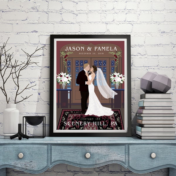 Indoor Venue, brown wood or white wood, Personalized caricatured bride and groom, customized wedding gift, guest book, Anniversary Gift