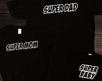 Chemises de famille Superhero Matching Shirts, Super Dad, Super Mom et Super Baby (comprend 3 chemises) Parfait pour les nouveau-nés ou la fête des pères