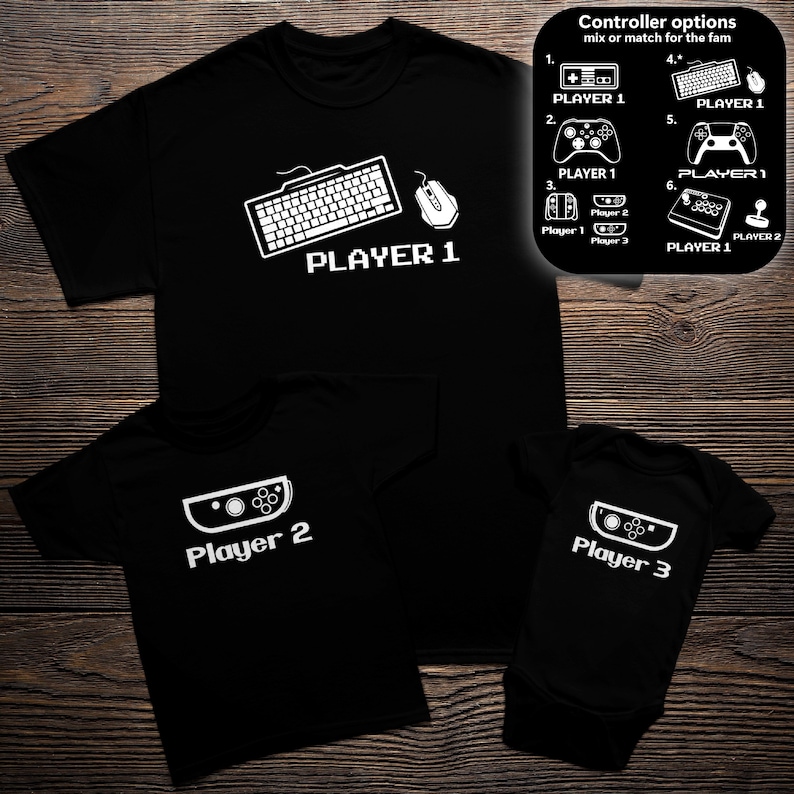 Video Game Controller Family Matching Shirts 3 shirts, Player 1, 2, 3, Nintendo Playstation Xbox or PC gamer Father's Day Gift image 1