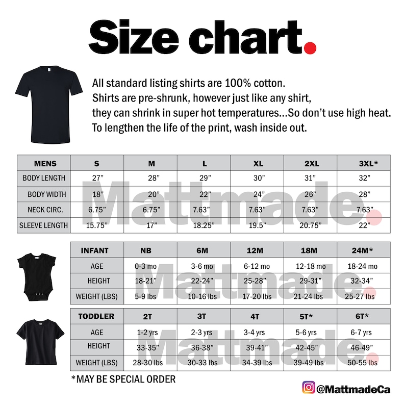 Puede incluir: Tabla de tallas para camisetas en varios tama&ntilde;os, incluyendo tallas de hombre, beb&eacute; y ni&ntilde;o. La tabla muestra la longitud del cuerpo, el ancho del cuerpo, la circunferencia del cuello, la longitud de la manga, la edad, la altura y el peso en libras.