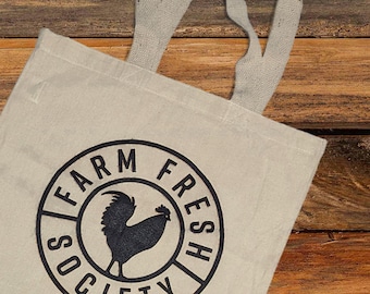 Farm Fresh Society Canvas Cotton Tote Bag, perfect for urban farmers or a gift for chicken owners