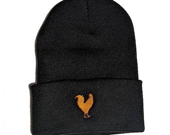 Farm Fresh Society Rooster Toque with cuff, embroidered chicken on winter hat, perfect chicken farmer gift