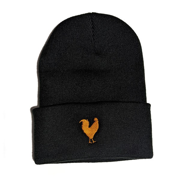 Farm Fresh Society Rooster Toque with cuff, embroidered chicken on winter hat, perfect chicken farmer gift