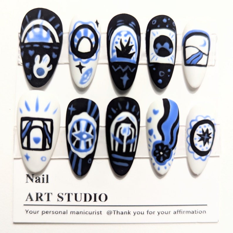 Blue Graffiti Press on Nails Matte Hand Painting Glue on Etsy