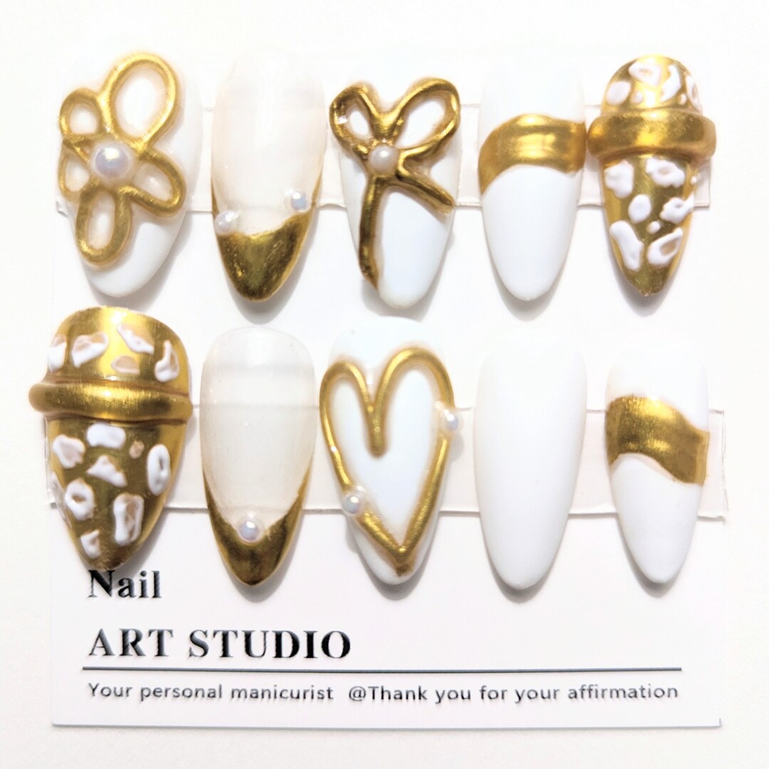 White Valentine on Nails 3D Painting Glue on Nails Press on Nails Coffin Handmade Luxury Fake