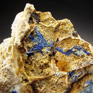 May include: A rough, tan-colored rock with blue azurite crystals embedded in it. The azurite crystals are clustered together in a few areas, creating a striking contrast against the tan rock.