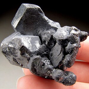 Op de afbeelding: Een cluster van scherpe, metaalachtig grijze pyrietkristallen. De kristallen zijn vergroeid en hebben een glanzende, bijna spiegelende afwerking.