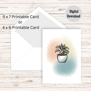 Może przedstawiać: Drukowana karta z czarno-białym rysunkiem rośliny doniczkowej na jasno pomarańczowym i niebieskim tle akwarelowym.