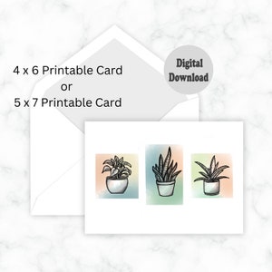 Wydrukowana kartka z akwarelą roślin doniczkowych | Pobieranie cyfrowe 4x6 i 5x7