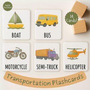 Transportkaarten voor peuters | 14 afdrukbare voertuigkaarten | Voorschoolse leeractiviteit | Educatieve aquarelkaarten