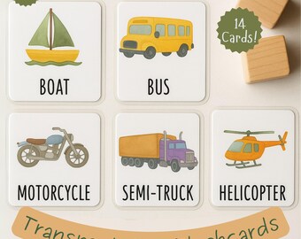 Transportation Flashcards for Toddlers | 14 Printable Vehicle Cards | Preschool Learning Activity | Watercolor Educational Cards