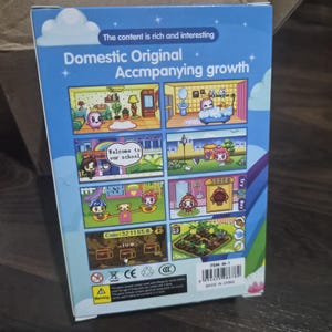 May include: A rectangular blue product box featuring the text Domestic Original Accompanying growth and The content is rich and interesting. The box displays six colorful cartoon game scenes, a barcode, and a warning label on the lower section.
