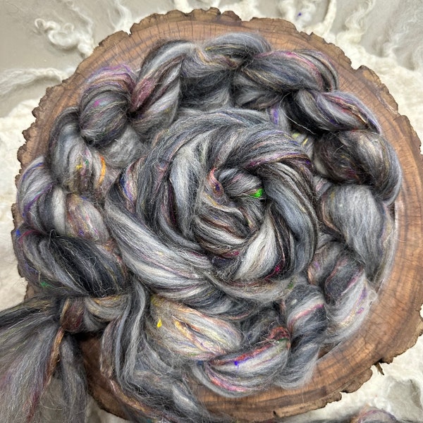 CLEARANCE ROVING, Black Mystique, Uber lush spinning wool, 19 micron Merino Shetland Icelandic Alpaca Camel Tussah Sari Weaving Roving