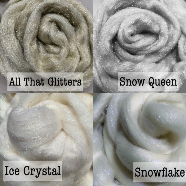 WHITE SPARKLE Roving, Holiday Christmas Felting wool, White wool with iridescent Gold silver Angelina, Angel Snowman Santa unicorn wool