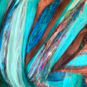 CLEARANCE ROVING, Turquoise Dream,Turquoise Brown spinning felting roving,Merino sari silk Roving,blue brown Wool Roving,Weaving Roving,G-4