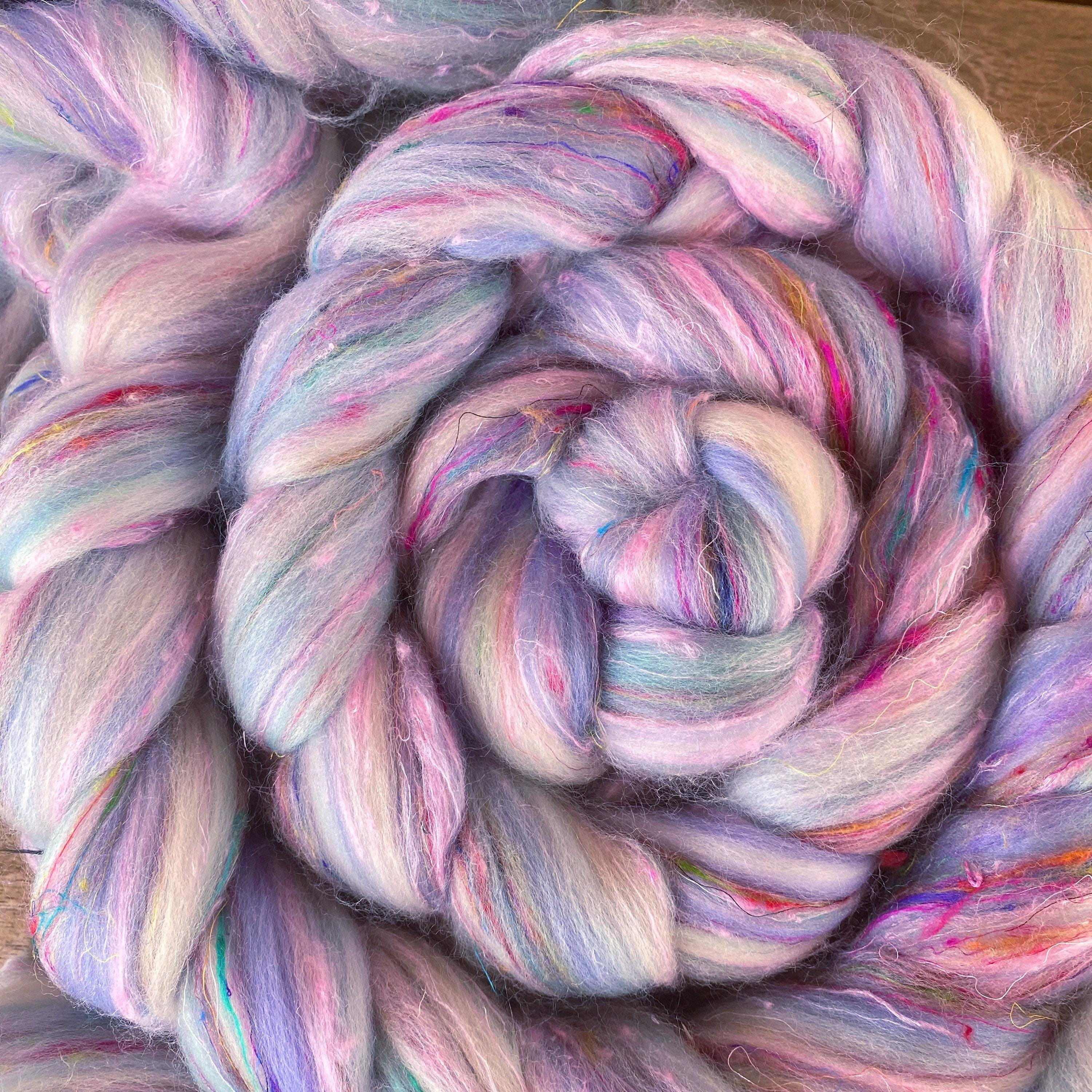 CLEARANCE ROVING Serenity, Pastel blue purple pink impressionist roving, Wet felting spinning Merino silk Roving, Carding weaving roving