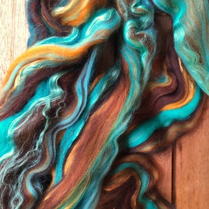 ROVING,Turquoise and Amber Dyed Roving,Merino Silk Roving,Art yarn fiber,Spinning Roving,Turquoise retro nuno silk roving,125-D