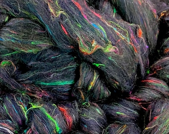 ROVING, Northern Lights black Merino Sari Silk Roving, black and rainbow Combed Top, fluorescent Spinning Weaving Felting Roving, 23