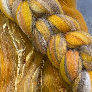 ROVING Dijon, mustard dyed exotics, saffron Spinning Wool, Turmeric Felting Fiber, Art Batt fiber, Merino Alpaca Camel Combed Top BIN 6
