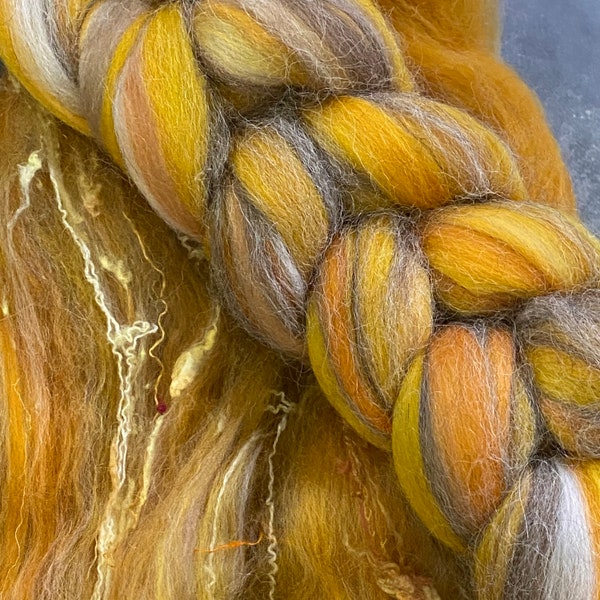 ROVING, Dijon, mustard dyed exotics,saffron Roving for Spinning, Turmeric Felting Fiber,Art Batt fiber,Merino Alpaca Camel Roving BIN 6