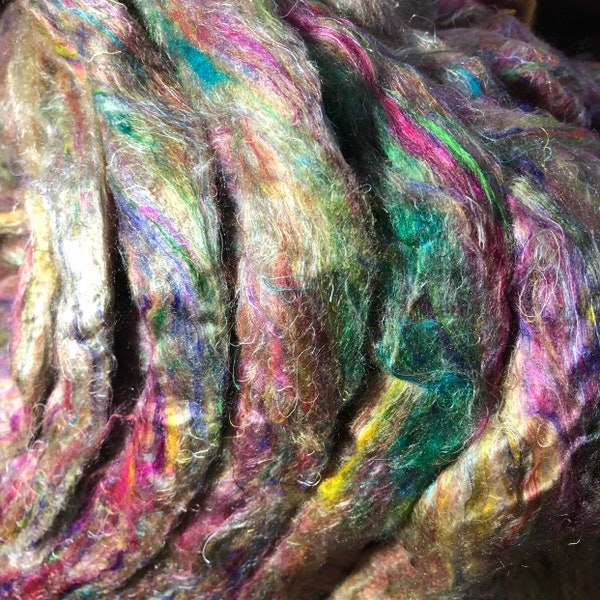 SARI SILK ROVING,"Opal",Opalescent Sari silk waste,Nuno silk,unicorn fiber,rainbow silk sliver,needle felting silk, spinning fibre, C-3