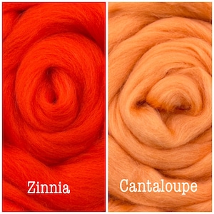 May include: Two close-up images of colorful fiber. The left image is a vibrant red-orange, labeled "Zinnia." The right image is a soft orange, labeled "Cantaloupe." The textures appear soft and fluffy, ideal for crafting.