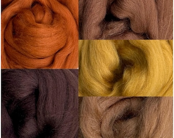 May include: Four different colours of wool roving, including orange, brown, yellow, and a darker brown. The wool is arranged in a grid pattern.