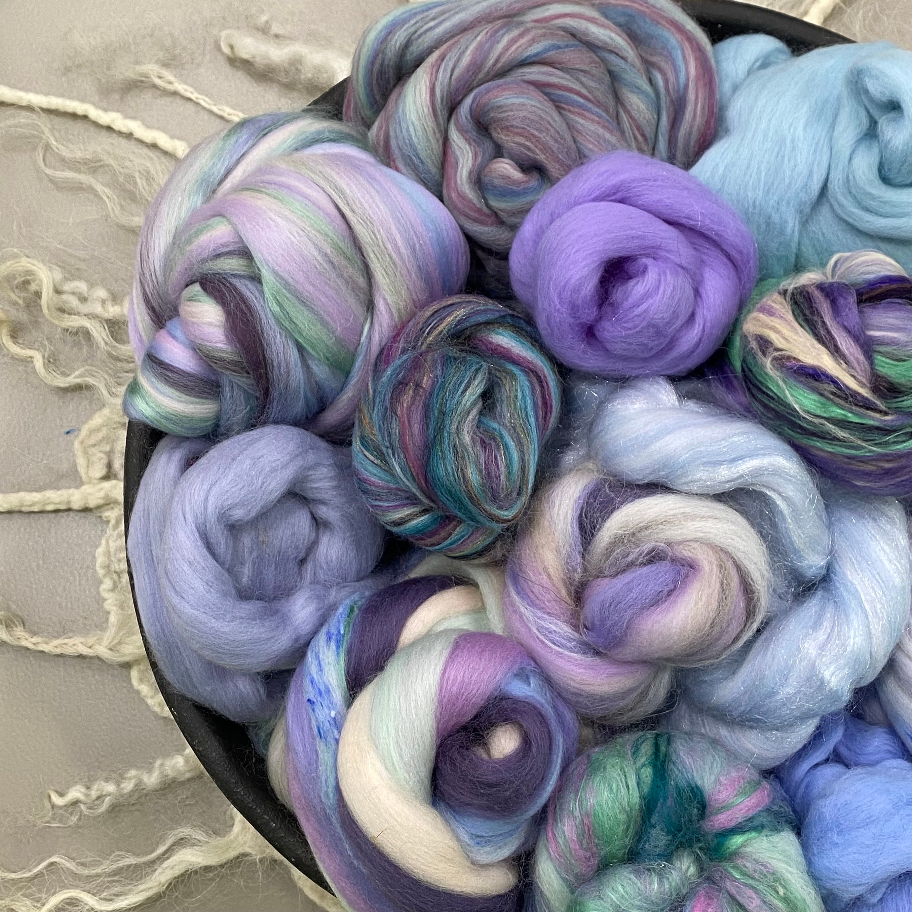 FIBER BUNDLE Impressions, Wool Silk Rovings, Blue Mint Lavender Art Batt Kit, Spinning ...