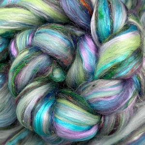 ROVING- Avalon, Blue green purple Merino Silk and Sari Silk Roving, fantastic spinning and Felting Roving, Ocean Mermaid Roving, 15