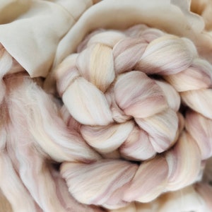 May include: Close-up of a bundle of soft, undyed wool roving in shades of cream, beige, and pale mauve. The wool is arranged in a spiral pattern, with some loose fibers visible. The background includes a cream-colored fabric.