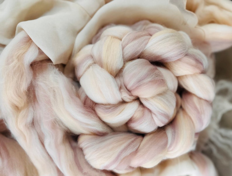 May include: Close-up of a bundle of soft, undyed wool roving in shades of cream, beige, and pale mauve. The wool is arranged in a spiral pattern, with some loose fibers visible. The background includes a cream-colored fabric.