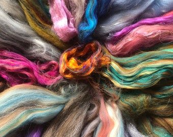 ROVING SCRAPS Bundle,"Fiber Fantasy” 2 or 4 oz Dyed Roving Scrap Bundle, Nuno wet felting roving,Merino silk Spinning roving, Batt Scraps