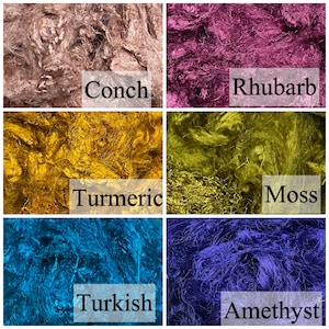 May include: Six different colors of fiber, labeled Conch, Rhubarb, Turmeric, Moss, Turkish, and Amethyst.