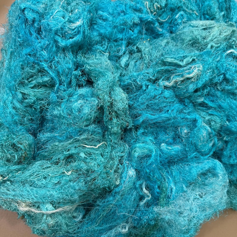 CHAOTIC SILK, turquoise Sari silk waste, Art batt carding threads, Wet felting fiber, art yarn spinning silk image 3