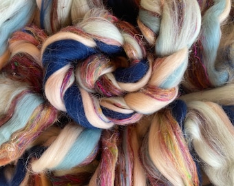 CLEARANCE ROVING Seashells, Sand and sea Beachy combed top, Nautical ocean Spinning Wet needle Felting, Navy teal Cream Carding wool, 35