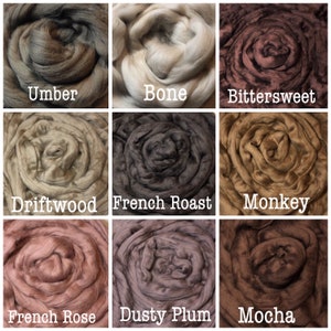 19 Micron GRAY BROWN NEUTRAL Merino, nuno wet felting roving, dyed Merino neutral solid colors, spinning combed top, carding fine wool top