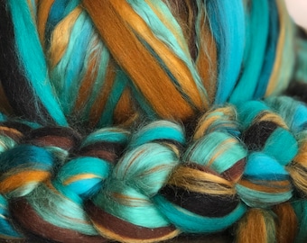 ROVING, Jade and Bronze Hand Dyed Roving, 19 22 micron Turquoise Amber Roving, Wet Felting wool, Spinning Fiber, Art Batt, Nuno silk, 126-C