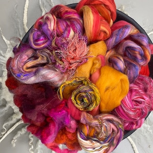 FIBER Bundle Sunsets, pink, orange, purple felting spinning kit, Art batt kit, Spinning bundle,Art yarn kit, Wet needle felting H-8