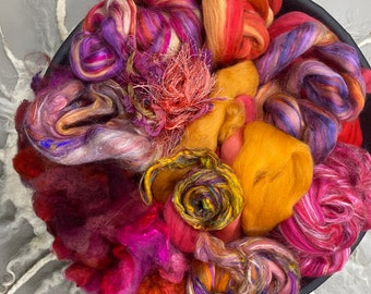 FIBER Bundle,“Bag o’ Sunsets”, pink, orange, purple felting spinning kit, Art batt kit, Spinning bundle,Art yarn kit,nuno needle felting H-8