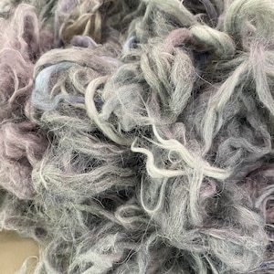 May include: A close-up of a pile of soft, fluffy, gray and blue wool fibers. The fibers are tangled and interwoven, creating a textured and abstract pattern.