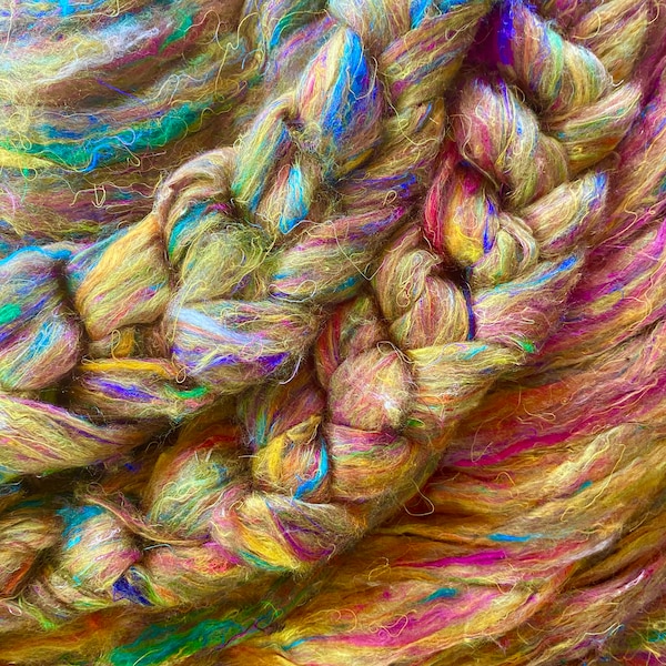 SARI SILK ROVING, Curry Sari silk, silk waste sliver,mustard roving,wet felting fiber, gold needle felting silk fiber, spinning fibre, C-4