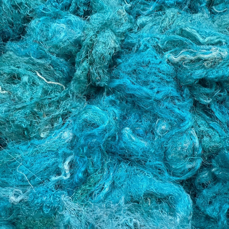 CHAOTIC SILK, turquoise Sari silk waste, Art batt carding threads, Wet felting fiber, art yarn spinning silk image 7