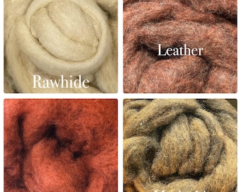 May include: A four-panel grid of raw wool roving in distinct colors. The top-left panel is cream-colored labeled Rawhide. The top-right panel is a deep reddish-brown labeled Leather. The bottom-left is a vibrant burnt orange labeled Sienna. The bottom-right is a dark olive-brown labeled Mariachi.