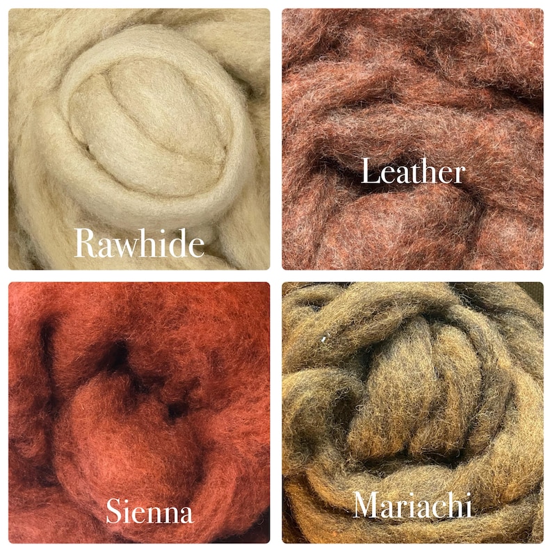 May include: A four-panel grid of raw wool roving in distinct colors. The top-left panel is cream-colored labeled Rawhide. The top-right panel is a deep reddish-brown labeled Leather. The bottom-left is a vibrant burnt orange labeled Sienna. The bottom-right is a dark olive-brown labeled Mariachi.