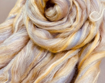 WOOL ROVING Precious Metals, Sparkly Merino silk spinning wet felting Roving, glitter Weaving Combed top, Art Batt Carding Fiber, 126