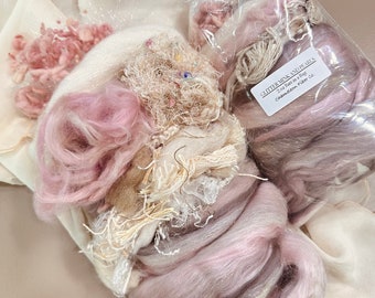 Wet Felting Kit Art Batt Kit, GLITTER MINK 'n Pearls, Textural Carding Fiber Bundle, Sparkle Merino Silk Spinning Fiber Art Assortment