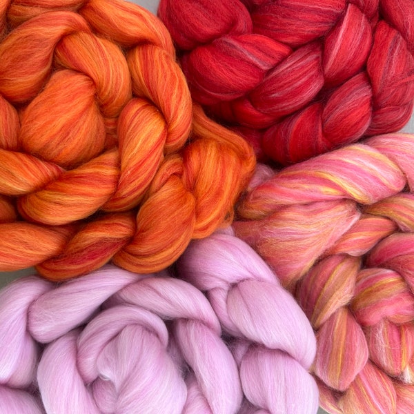 MERINO ROVING, 19 micron Orange Red Pink variegated Roving,Scarlet, tangerine, ballet pink, melon spinning felting weaving roving, Big 0-R