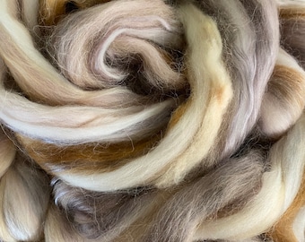 May include: A close-up of a bundle of brown, white, and gray wool roving. The roving is arranged in a spiral pattern.